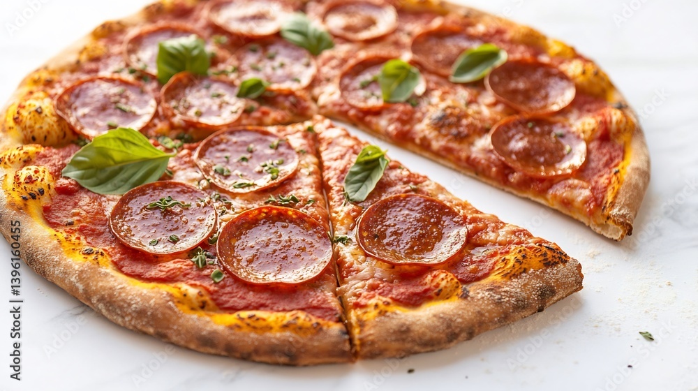 Thin crust pepperoni pizza with oregano and basil garnish isolated on white Thin crust pepperoni pizza with oregano and basil garnish isolated on white