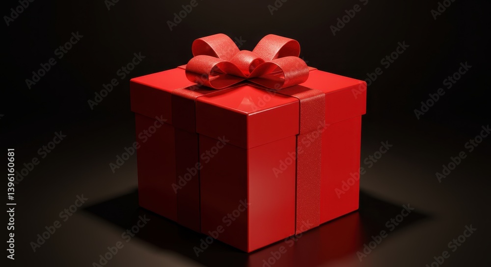 Fototapeta premium Red gift box with ribbon against black background 