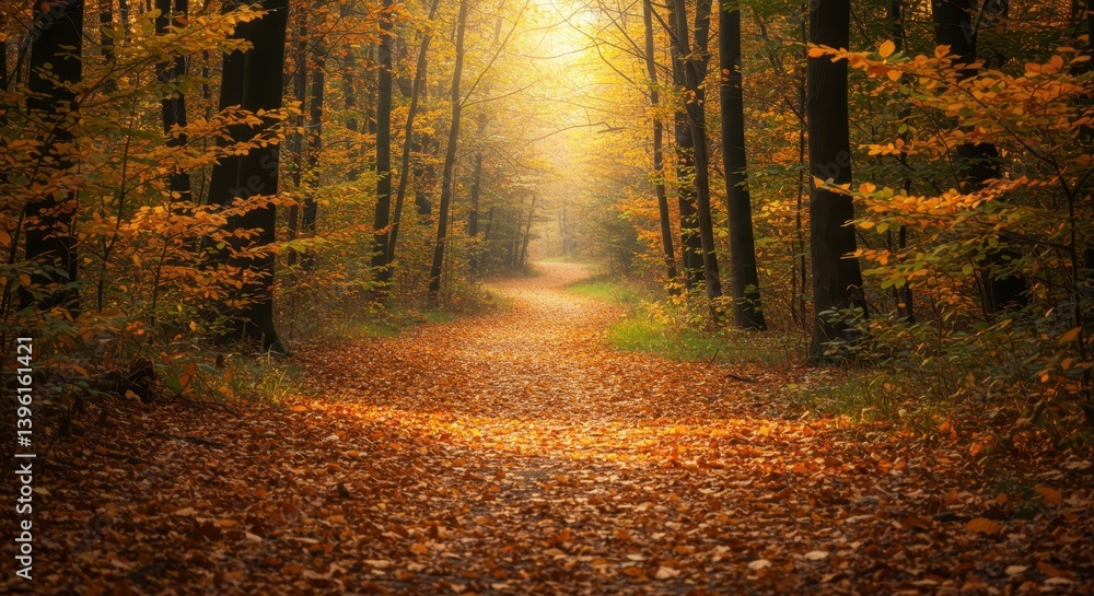 Fototapeta premium Autumn forest path with sunlight filtering through trees 
