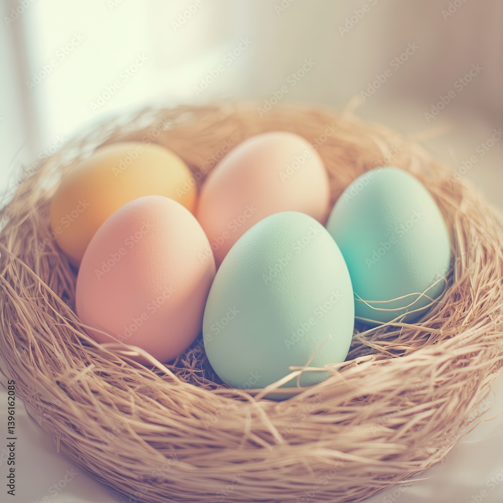 Colorful eggs nestled in a natural nest with a soft window backdrop. Colorful eggs nestled in a natural nest with a soft window backdrop.