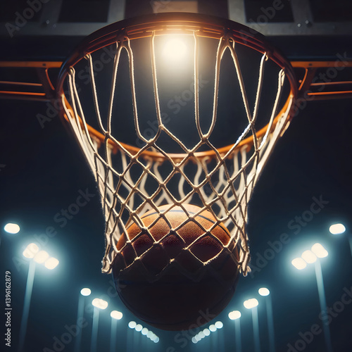 Closeup of basketball inside the basketball net with speed and streetlights illuminated in the background. 
Basketball scoring basket at a sports arena.