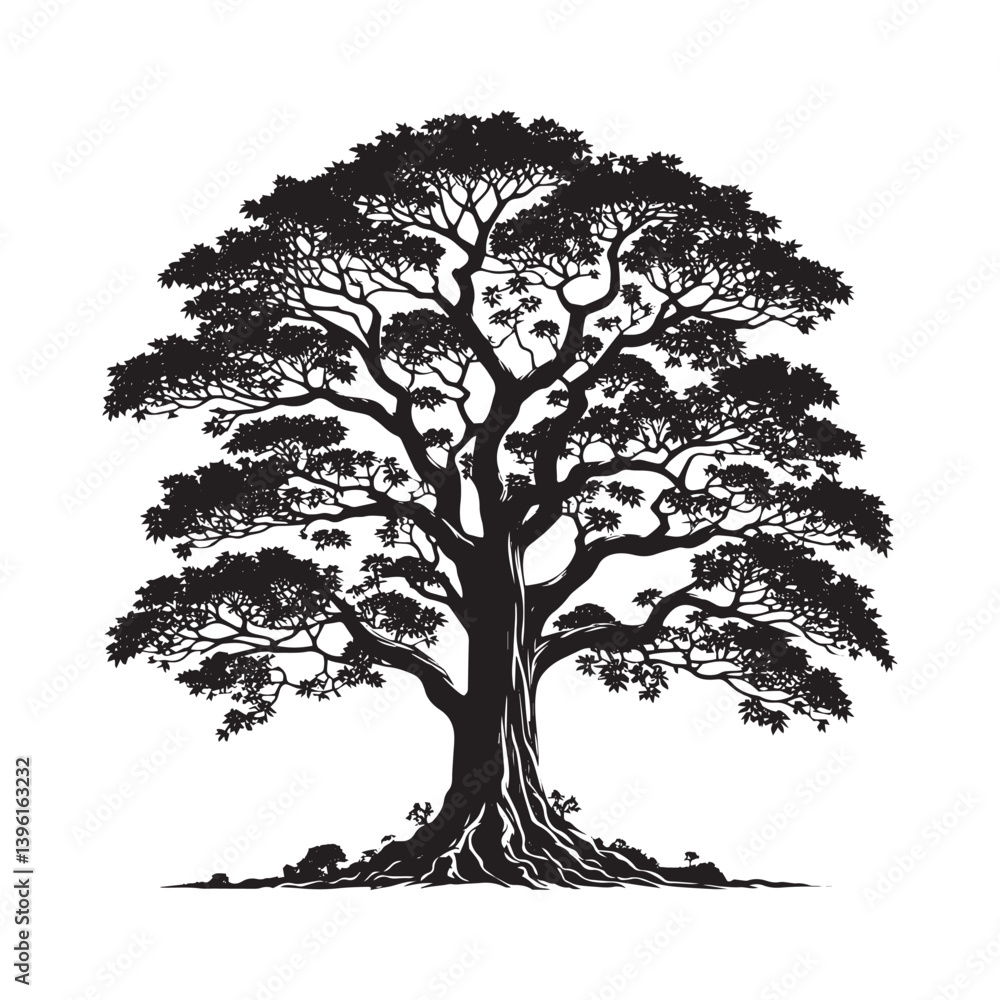 Fototapeta premium Teak Tree Vector Silhouette, Elegant Hardwood Tree Outline, Nature-Inspired Clipart for Wall Art, Logos, Stickers, Apparel, Digital Prints, Crafts, Posters, and Home Decor.