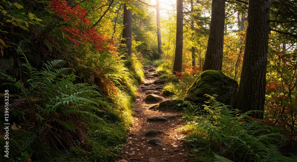 Fototapeta premium Scenic forest path illuminated by sunlight in autumn 