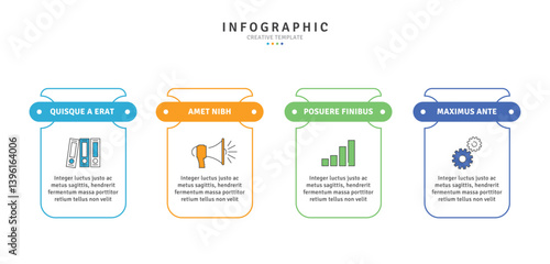 Colorful infographic template with four linear steps. Ideal for business presentations, timelines, project planning, and data visualization with a clean and modern style.