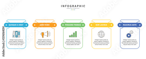 Colorful infographic template with five linear steps. Ideal for business presentations, timelines, project planning, and data visualization with a clean and modern style.