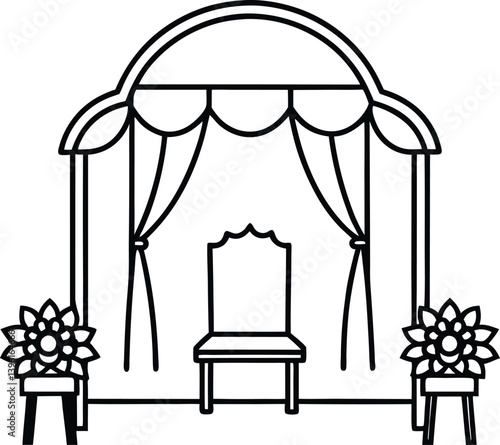 Draw a line art wedding arbor and chair