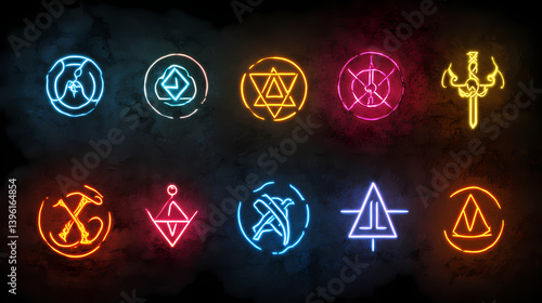 Runic symbols, mystical icons, glowing sigils on a black backdrop, enigmatic neon symbols. Warded Sigils. Illustration