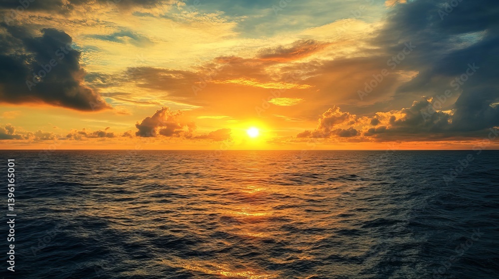 Fototapeta premium A scenic view of the ocean at sunset with clouds reflecting orange light across the water surface