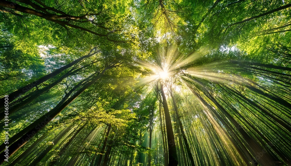 Rays of sunlight make a green canopy look dramatic Rays of sunlight make a green canopy look dramatic