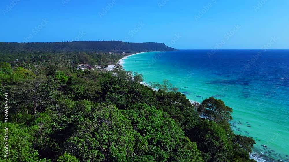 Black Stones in Turquoise water white beach. Fantastic aerial view flight drone Black Stones in Turquoise water white beach. Fantastic aerial view flight drone