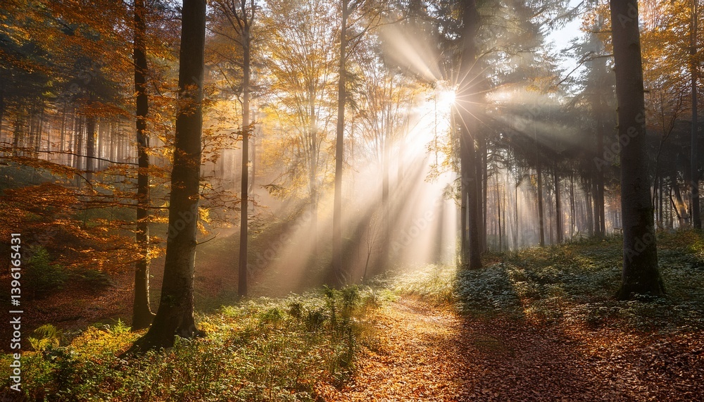 Obraz premium Sun beams in bright and foggy Autumn Forest