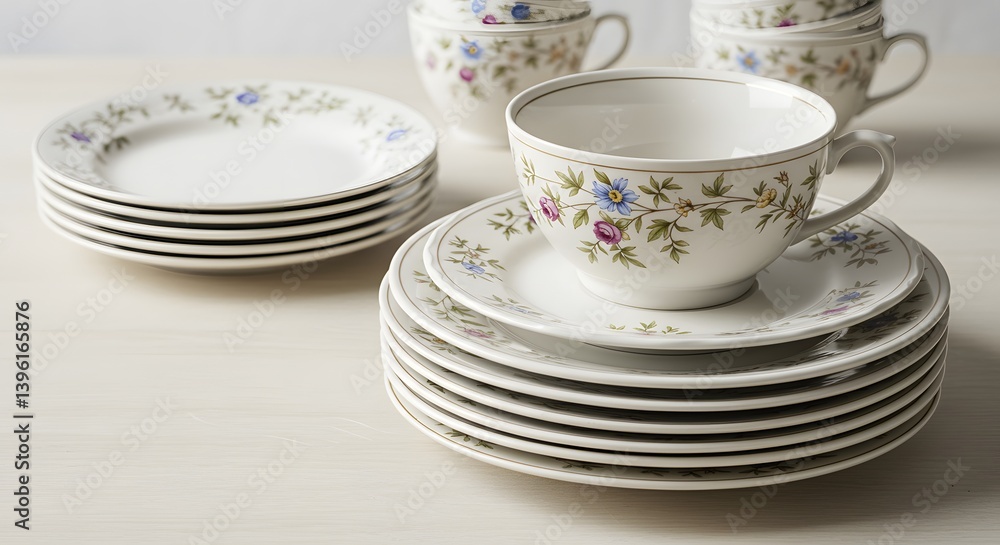 Fototapeta premium A stack of elegant, fine china plates with a soft floral