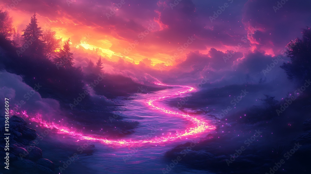 Fototapeta premium A river of glowing plasma weaving through an ethereal twilight, illuminating the surrounding mist with hues of violet and cyan,