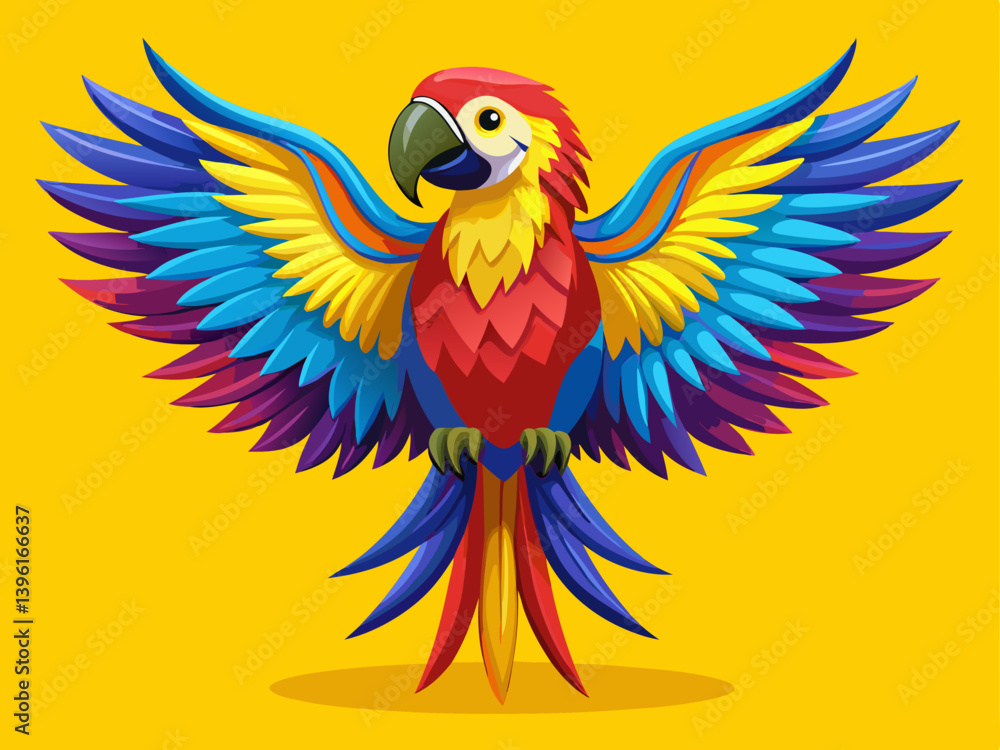 Obraz premium A professional vector of a colorful macaw with open wings, placed on a solid yellow background