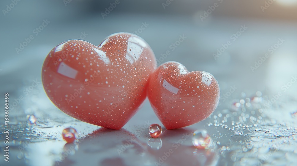 Fototapeta premium Two delicate hearts, soft pink, on a reflective surface