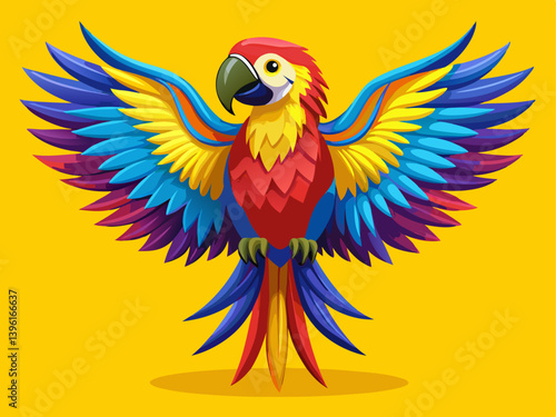 A professional vector of a colorful macaw with open wings, placed on a solid yellow background