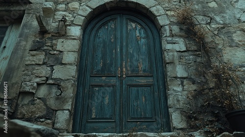 Wallpaper Mural Aged teal wooden door set in a stone wall Torontodigital.ca