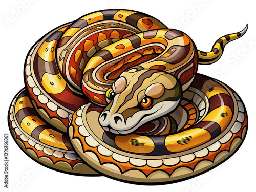 A vector illustration of a coiled python with intricate patterns, isolated on a white background