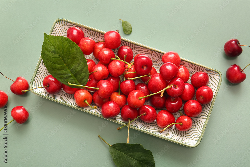 Plate with sweet cherries on green background