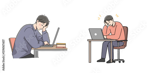 Young adult man tired at desk working on laptop in flat vector style  