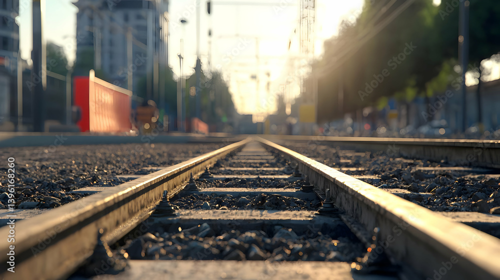 Obraz premium Urban Train Tracks At Sunrise In A Busy City