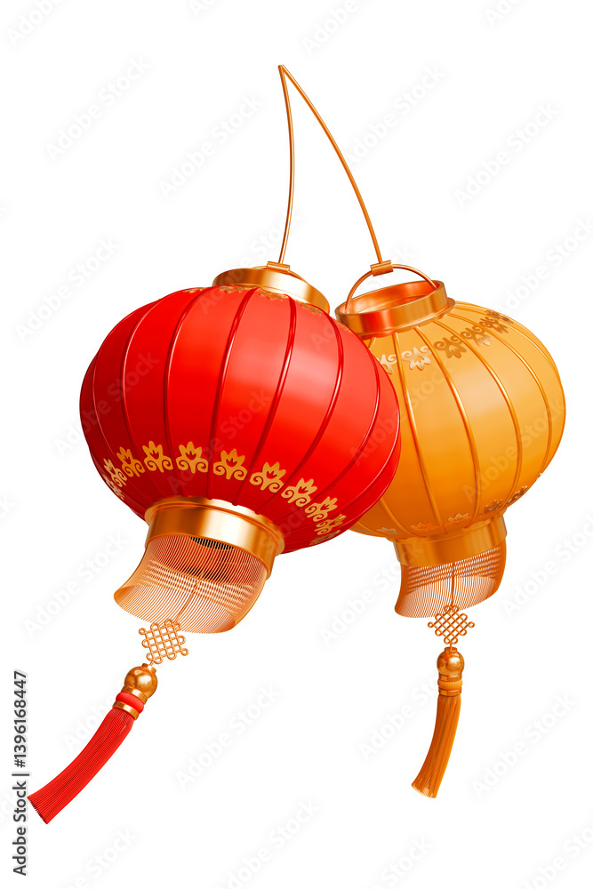 Obraz premium Red and Yellow Chinese Lanterns. Asian traditional paper lanterns with tassel. Hanging Chinese lamp for holiday decoration. 3d illustration