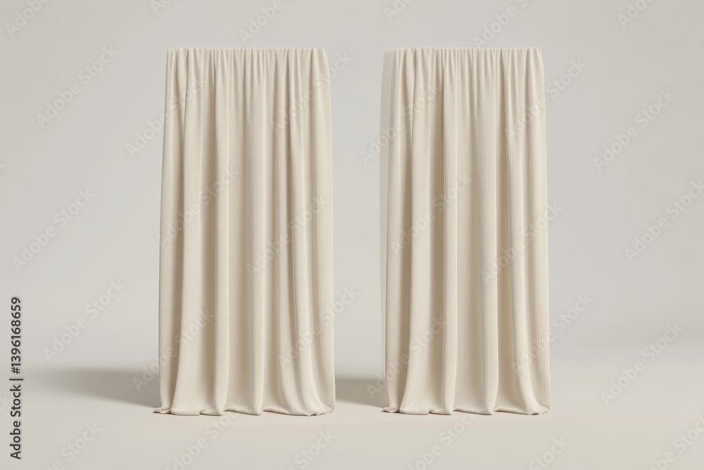 Two beige fabric panels, standing upright, create a simple, clean backdrop. The smooth, draped fabric is a muted cream color, offering a neutral aesthetic against a plain white background. Two beige fabric panels, standing upright, create a simple, clean backdrop. The smooth, draped fabric is a muted cream color, offering a neutral aesthetic against a plain white background.