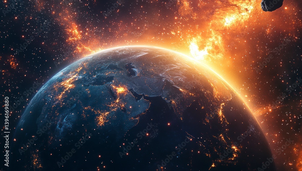 Fototapeta premium Earth From Space View with City Lights and Galaxy Background