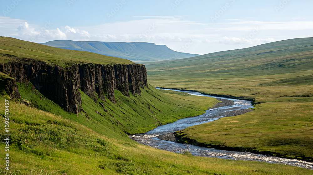 Naklejka premium Scenic Mountain Valley With River And Cliff