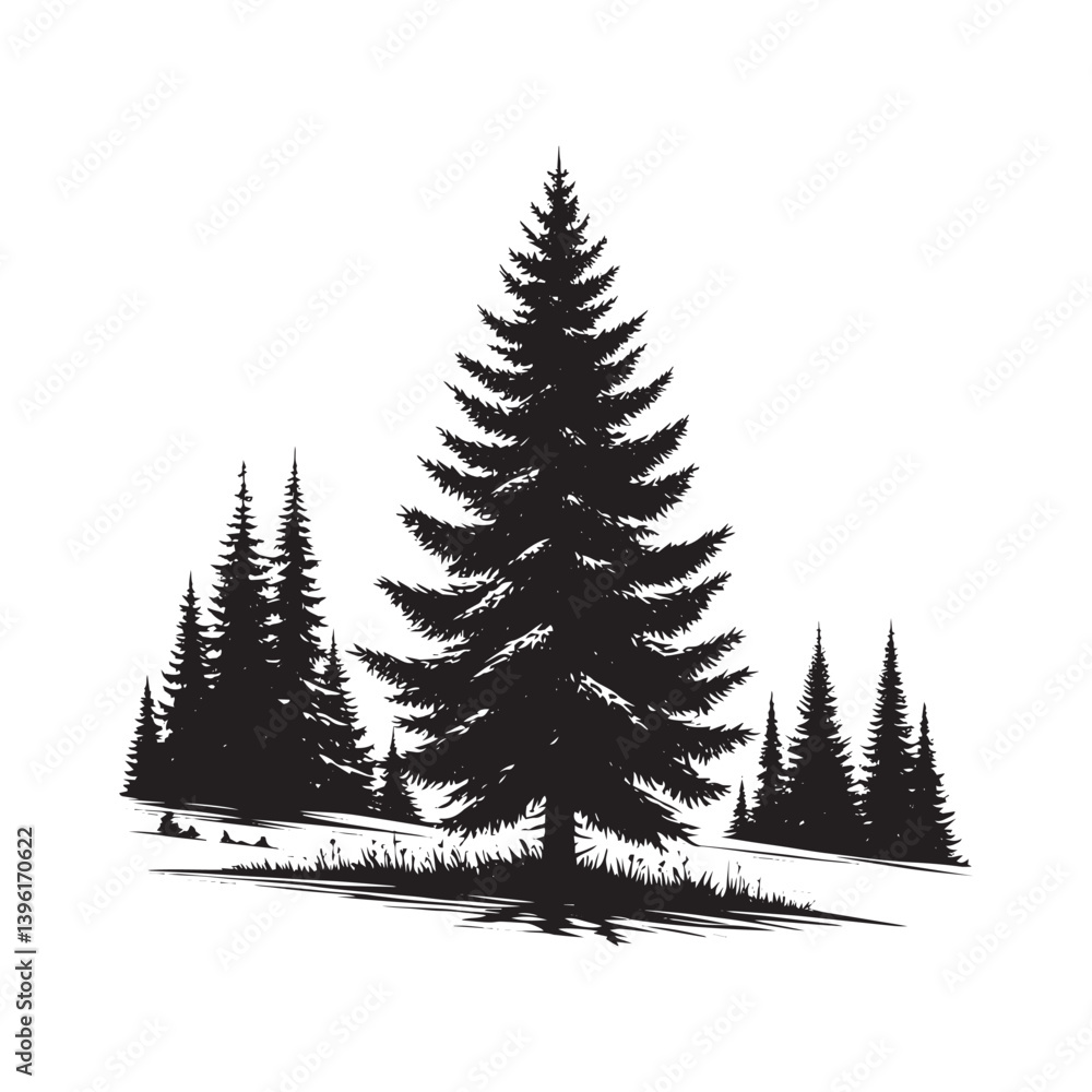 Fototapeta premium Spruce Tree Vector Silhouette, Elegant Evergreen Tree Outline, Nature-Inspired Clipart for Wall Art, Logos, Stickers, Apparel, Digital Prints, Crafts, Posters, and Home Decor.