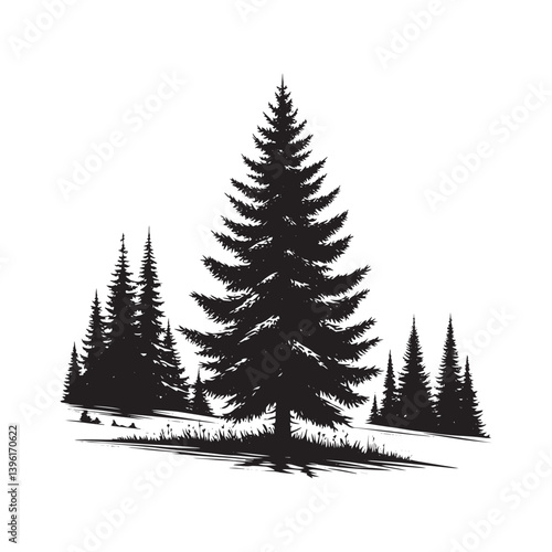 Spruce Tree Vector Silhouette, Elegant Evergreen Tree Outline, Nature-Inspired Clipart for Wall Art, Logos, Stickers, Apparel, Digital Prints, Crafts, Posters, and Home Decor.