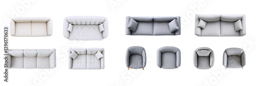 Set of white and gray furniture made of different materials. Fabric sofas and armchairs, top view and front view. Isolated on transparent background