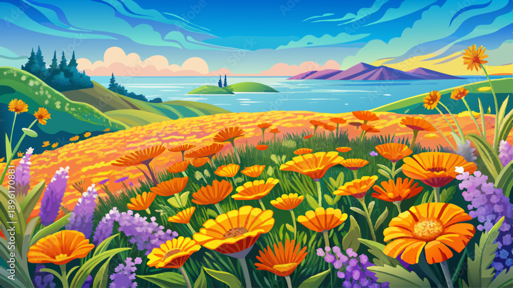 Fototapeta premium Field of bloomed Pot Marigold (Calendula officinalis) and Lavender flowers on a seascape background with a small distant island. Dillon's Park flora,