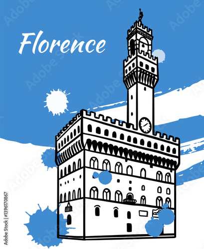 Line art drawing of Palazzo Vecchio in Florence, Italy, architecture tourism landmark, travel destination illustration