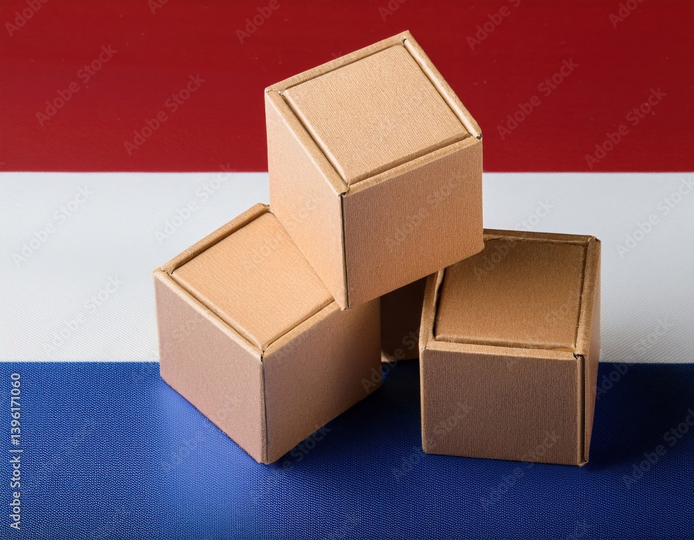 Stacked cardboard boxes on red, white, and blue surface Stacked cardboard boxes on red, white, and blue surface