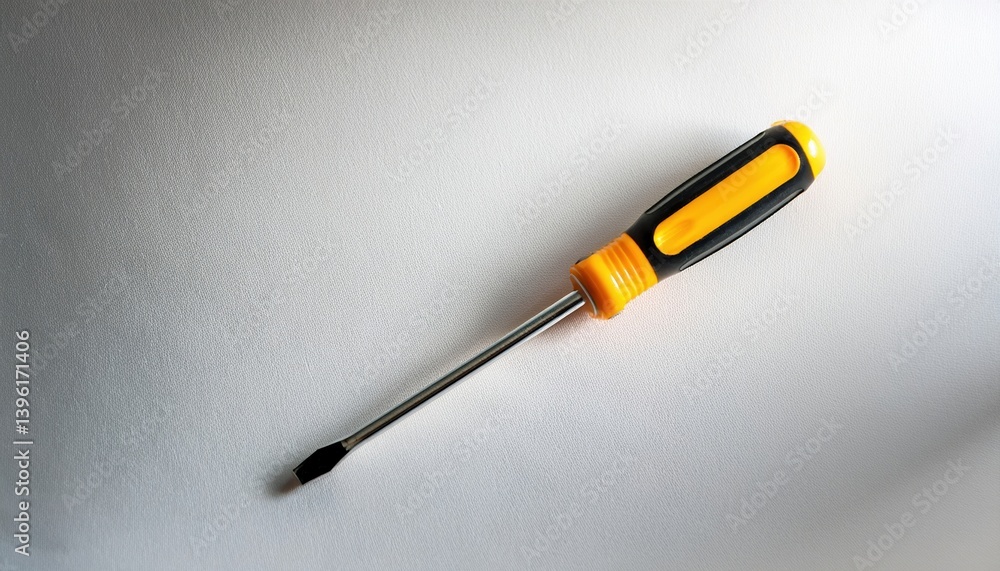 Flathead screwdriver with yellow and black handle on white background Flathead screwdriver with yellow and black handle on white background