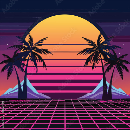 A neon palm tree with a cyberpunk sunset on a beach, tropical island paradise, with palm trees under a summer sunset sky