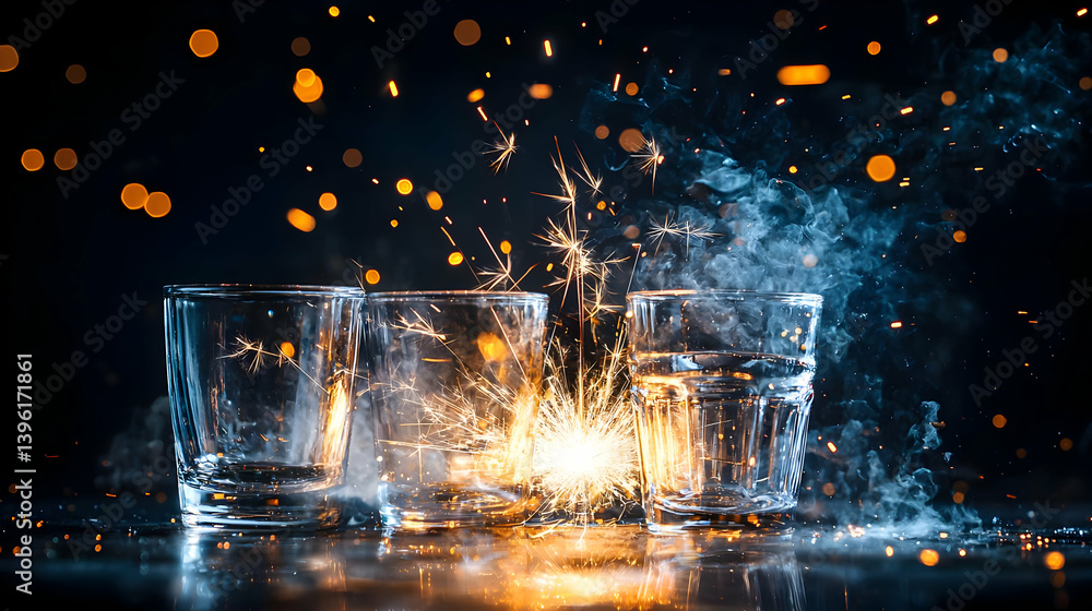 Fototapeta premium Sparkling Glasses And Fireworks In A Dramatic Lighting Setting