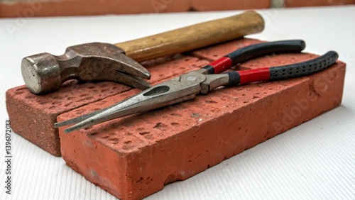 Hammer and Pliers Resting on Brick – Work Symbol