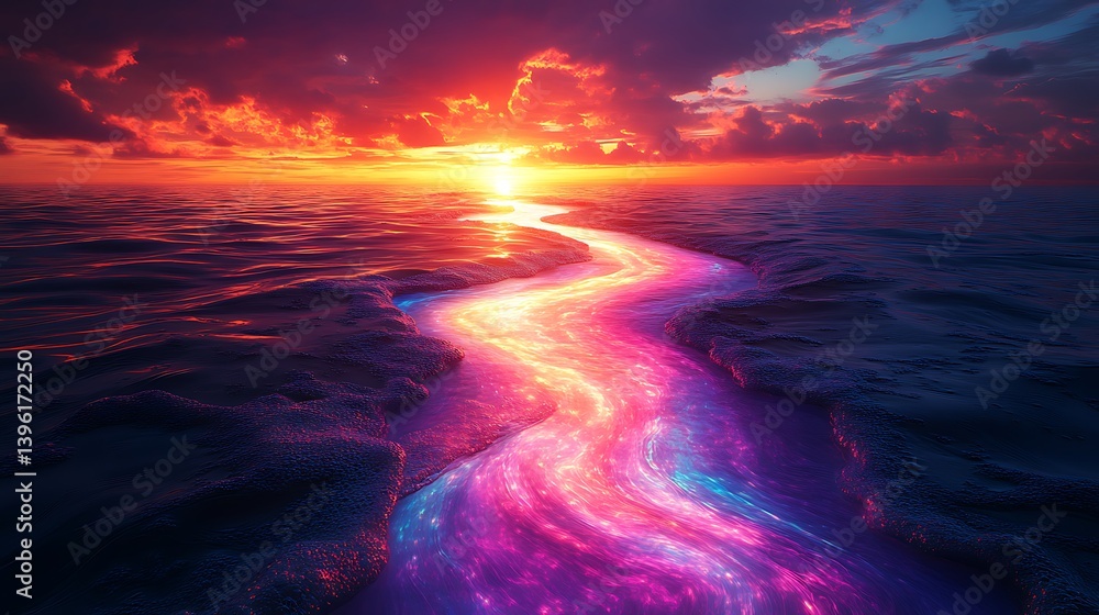Obraz premium A serene yet electrifying horizon where liquid light flows like water, forming rivers of shifting iridescence, mirroring an unseen universe,