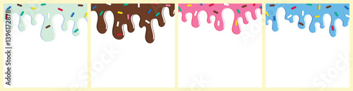set of dripping delicious pink, blue and chocolate doughnut vector seamless glaze. Sweet dessert background illustration