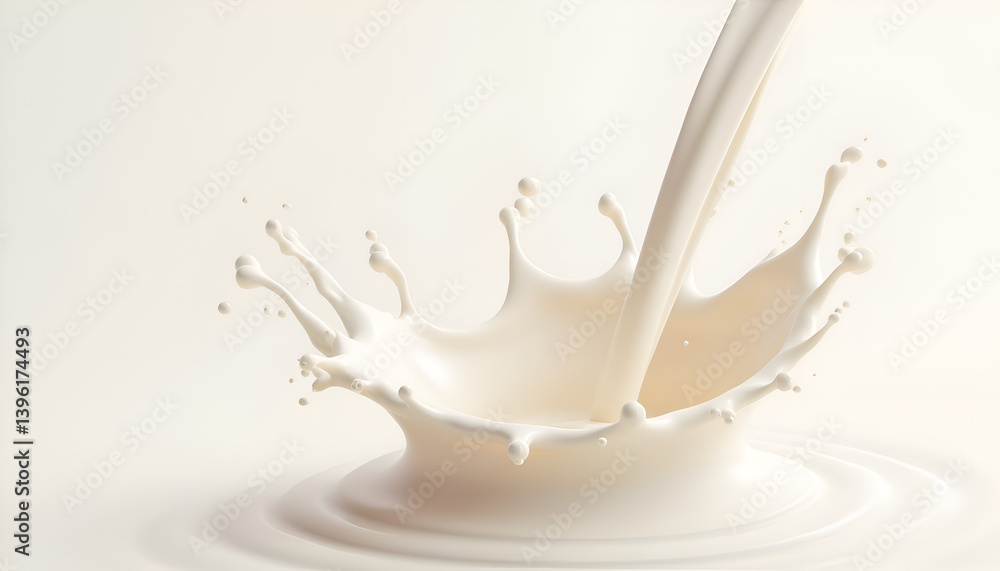 Creamy milk pouring creating a stunning crown splash against a soft, bright background. Creamy milk pouring creating a stunning crown splash against a soft, bright background.