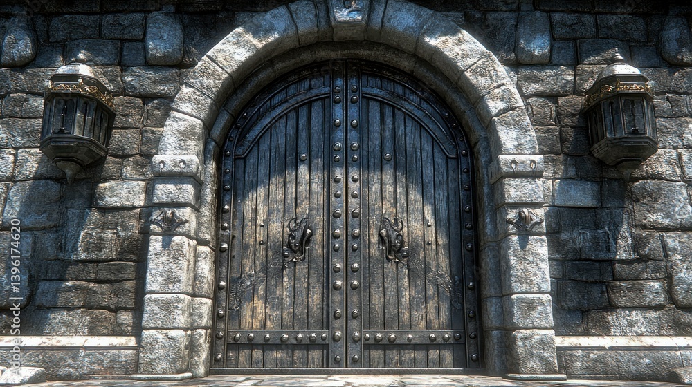 Ancient stone archway with dark wooden double doors Ancient stone archway with dark wooden double doors