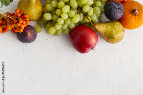 Obraz na płótnie Different fresh fruits and pumpkin on white background w salonie