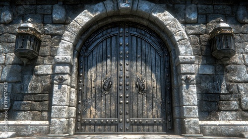 Wallpaper Mural Ancient stone archway with dark wooden double doors Torontodigital.ca