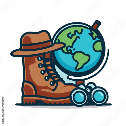 Travel Adventure Icon – Hiking Boot, Globe, and Binoculars Illustration