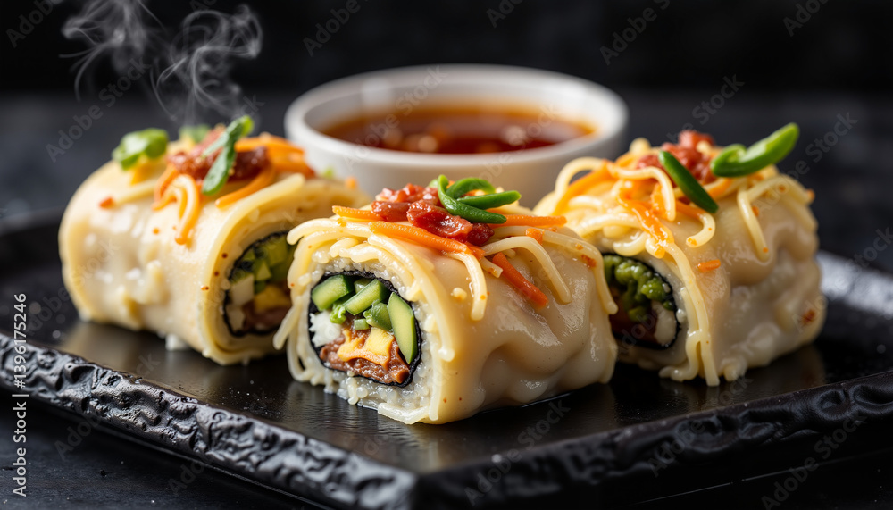 Delicious Lumpia served on a dark plate with sauces, haute cuisine Delicious Lumpia served on a dark plate with sauces, haute cuisine