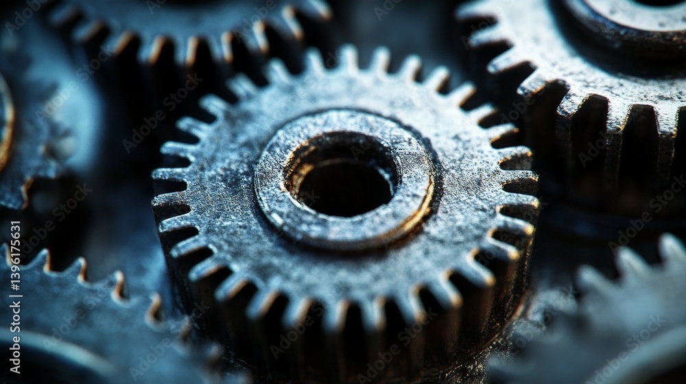 Close-up of interlocking metal gears with intricate details and textures. Close-up of interlocking metal gears with intricate details and textures.