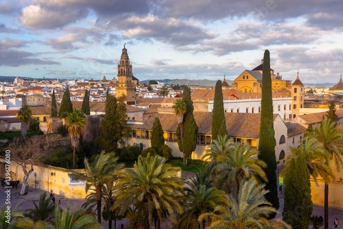 Historic Cordoba Spain Old Town Aerial Landscape View. UNESCO World Heritage Site Panorama, Mosque Cathedral Bell Tower Skyline