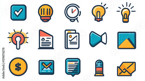 Vector icon set business concept idea lightbulb checkmark clock document mail coin play image message stamp